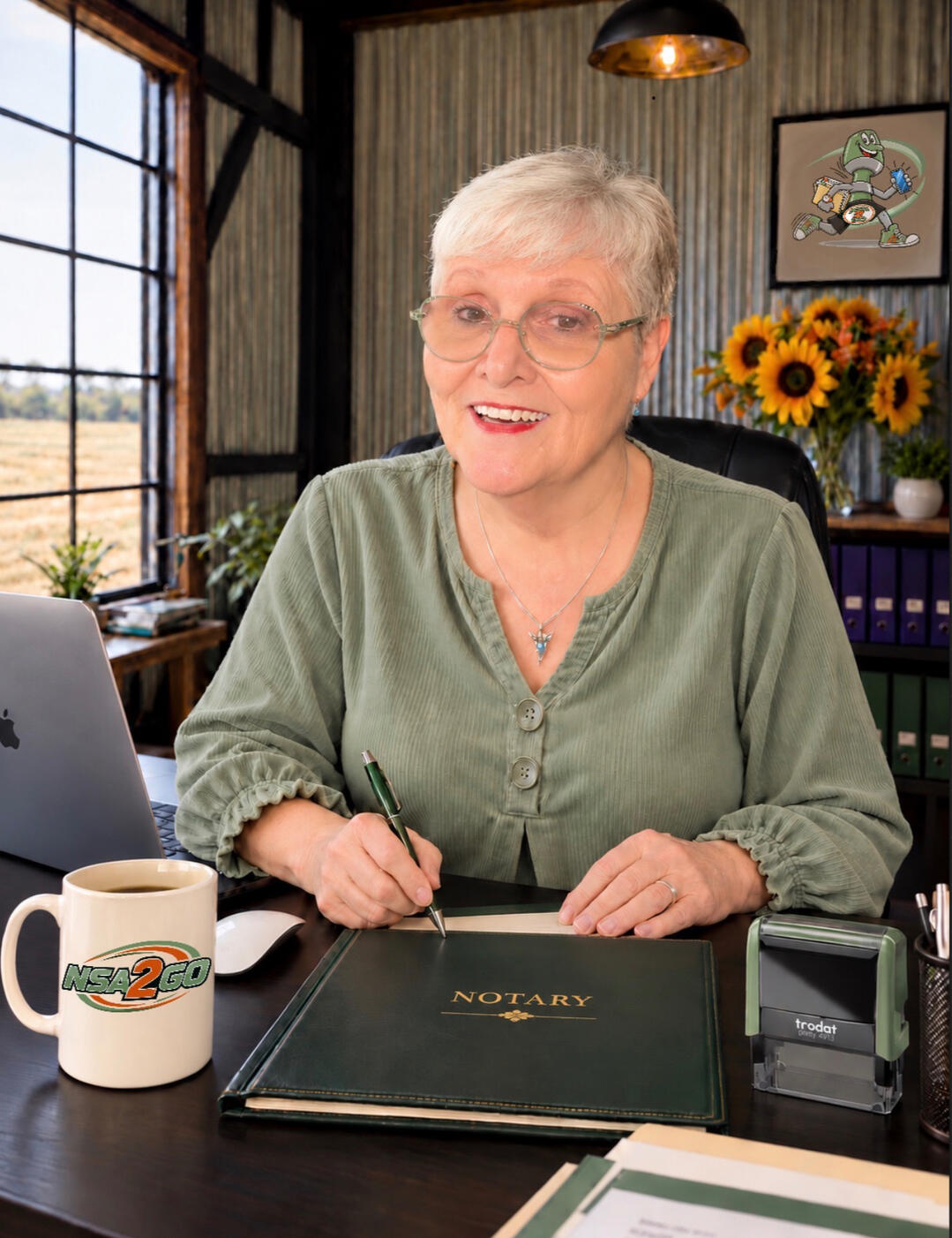 Sher at desk Sher, an NSA 2 GO notary, seated at her desk with a notary journal and laptop.